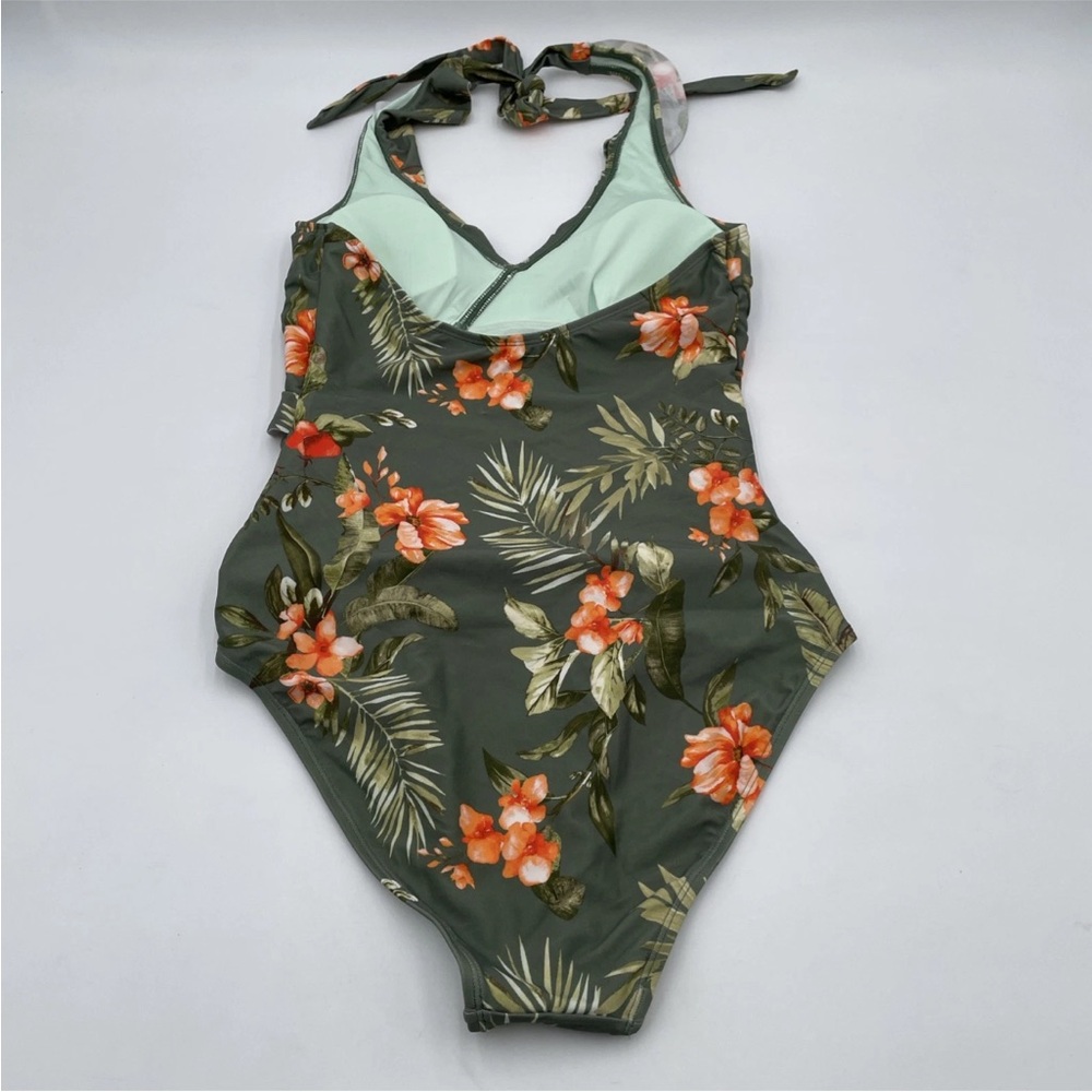 CUPSHE Floral Green One Piece Swimsuit 
V Neck Halter Tummy Control - Medium - Picture 5 of 13